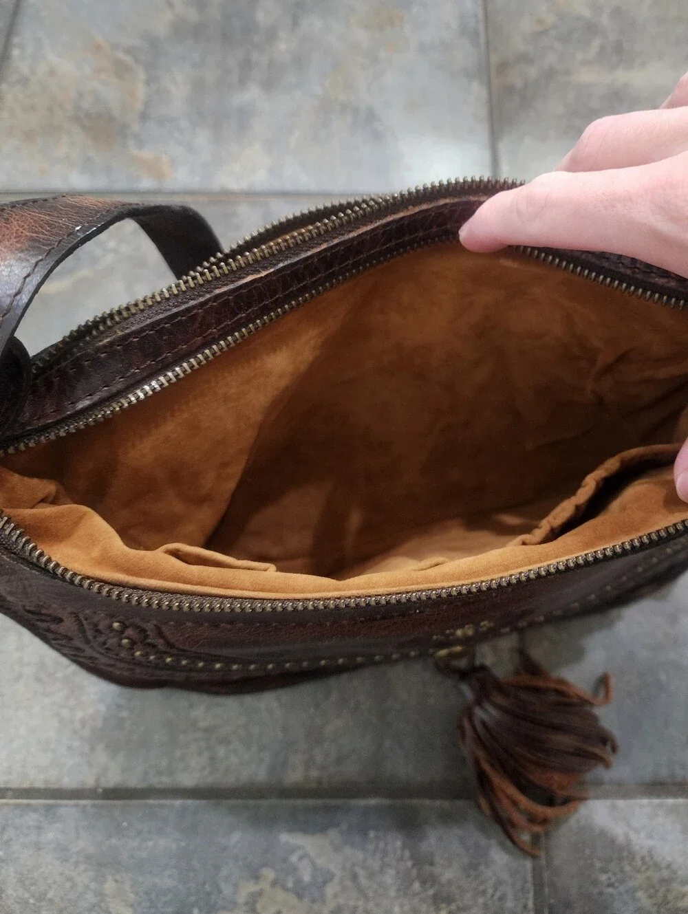 Patricia Nash Camila Brown Leather Tassel Crossbody Indie Boho Purse Bag